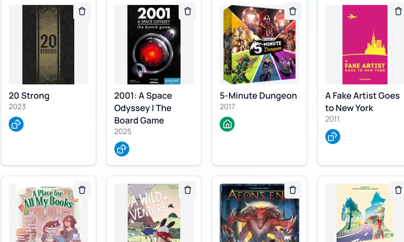 A board game collection grid with owned and want-to-play badges